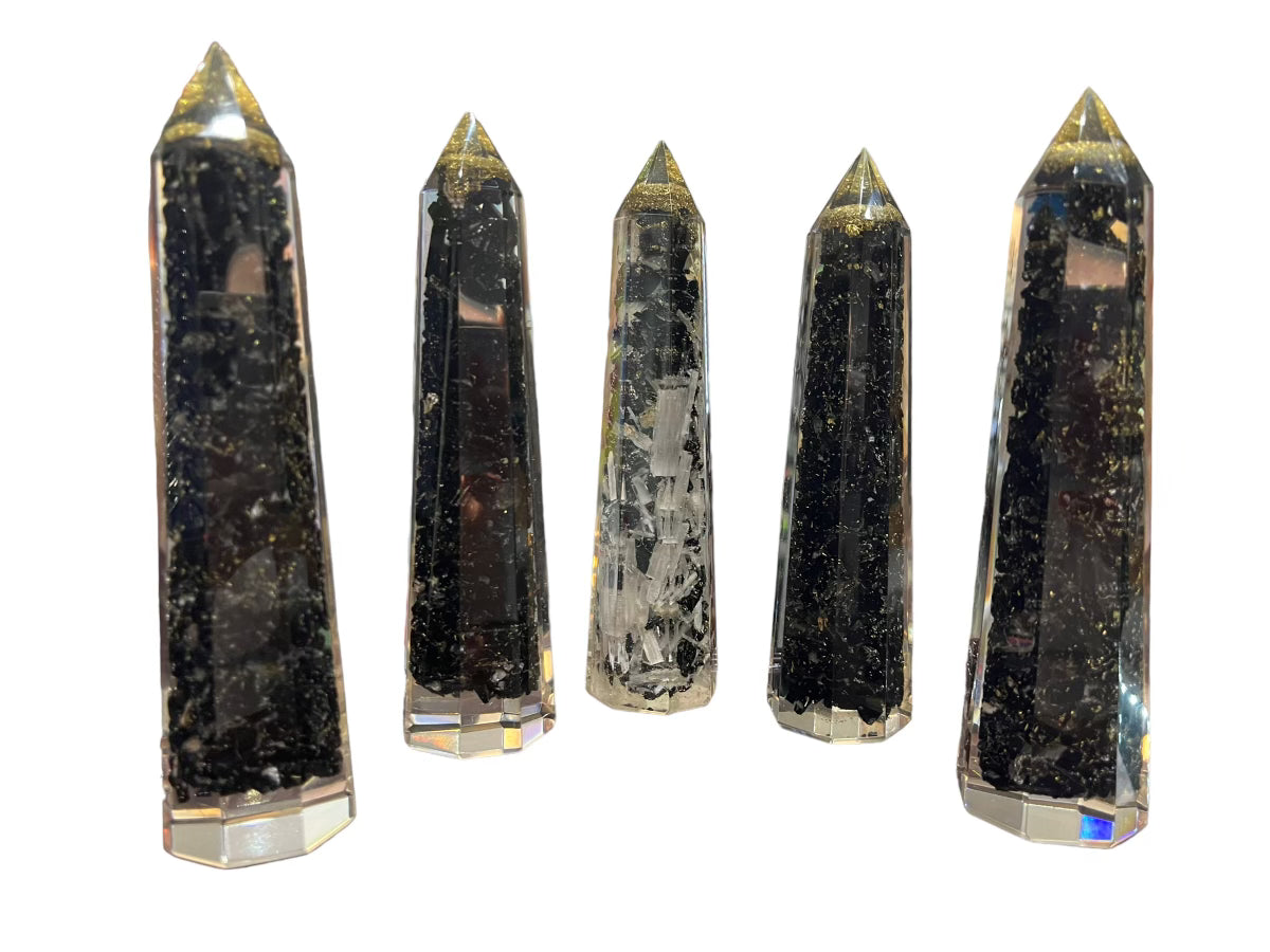 Black Tourmaline & Selenite & Iron Pyrite Resin Towers